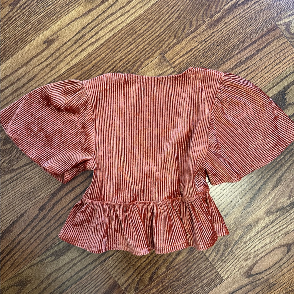 Urban Outfitters Velvet Ribbed Peplum Deep V Neck Cropped Shirt - Picture 2 of 5